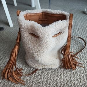 MARGOT Lt Tan Shearling Genuine Leather Cinch Tassles Drawstring Crossbody Bag